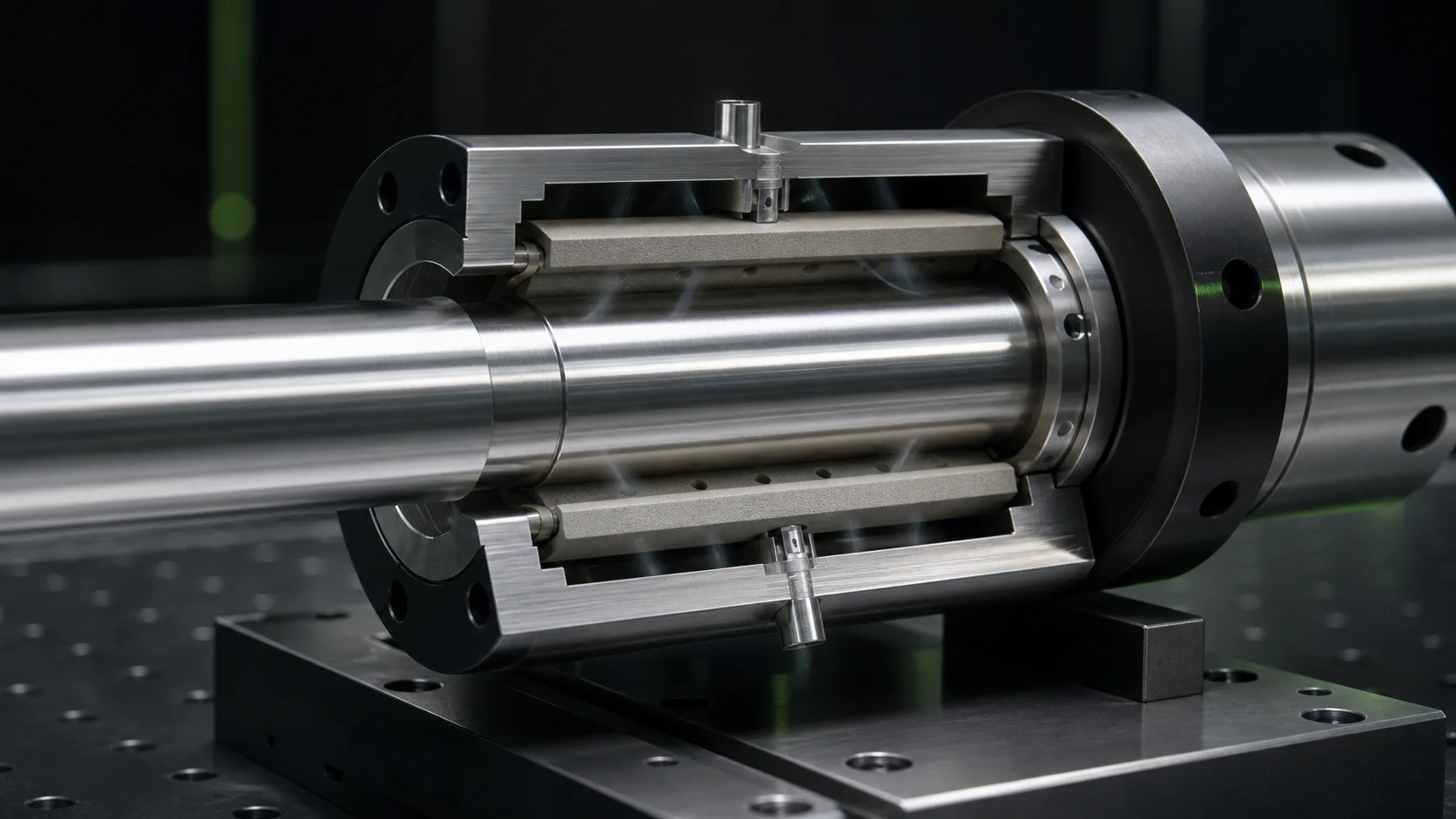 Cutaway porous-media air bearing spindle on a precision stage.