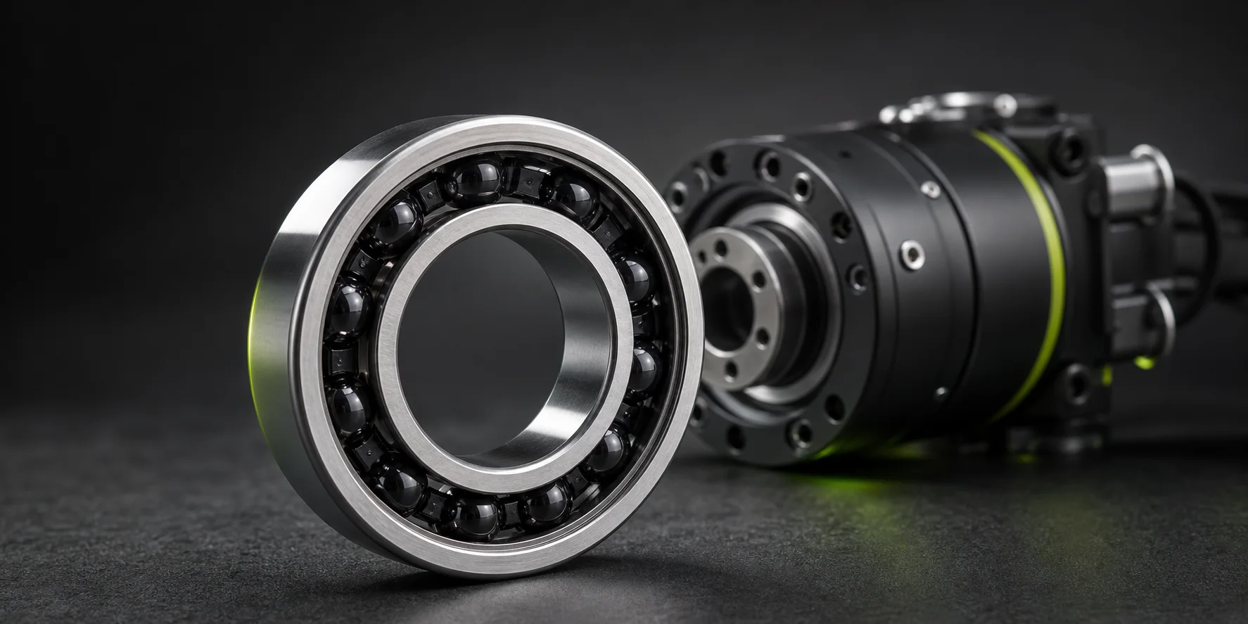 Hybrid ceramic bearing with silicon nitride balls beside a robotic joint.