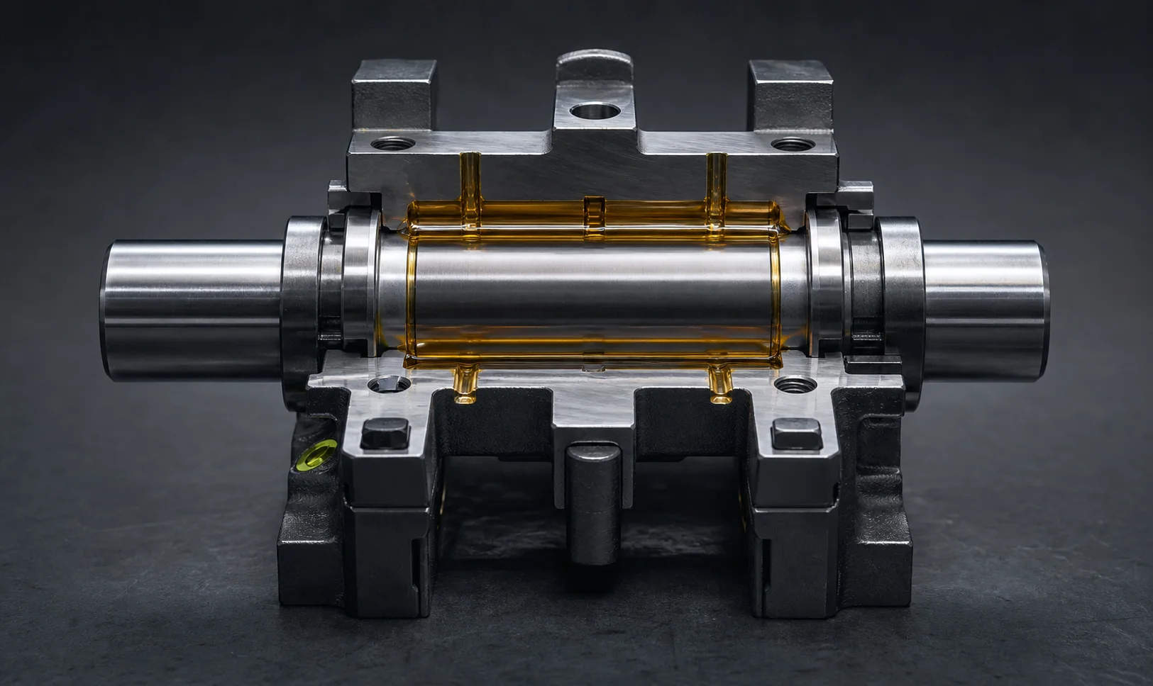 Cutaway liquid fluid-film journal bearing around a steel shaft.